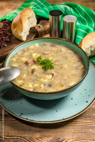 Obraz na płótnie Traditional polish soup Zurek in ceramic bowl. w salonie