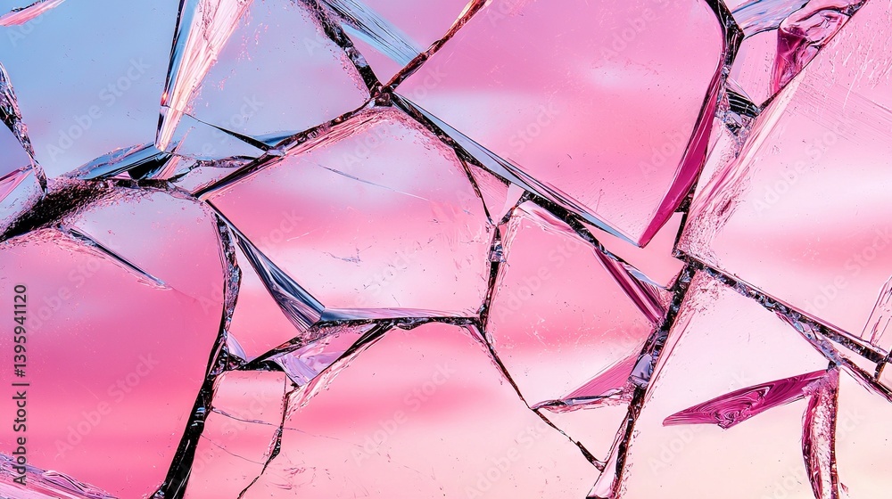 A close-up of a broken glass window, with a pink and blue sky in the background A close-up of a broken glass window, with a pink and blue sky in the background
