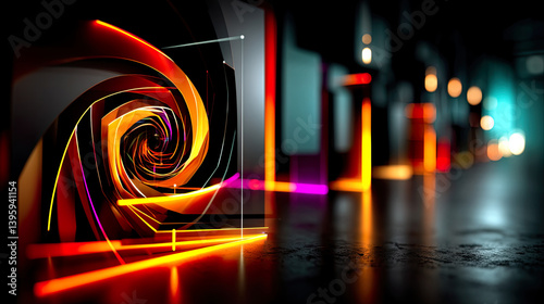 Spiraling Chromatic Vortex with Neon Light Streaks and Digital Distortion in Abstract High-Tech Motion
