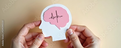 Adult, child hands holding brain paper cutout with encephalography wave. Epilepsy, alzheimer awareness, seizure disorder, mental health concept. Neurology, psychology, medicine, research, therapy.