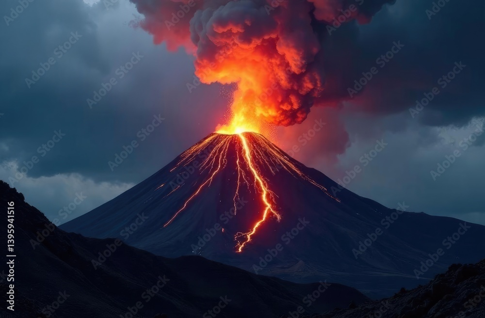 Fototapeta premium Geological disaster. Erupting volcano at night.