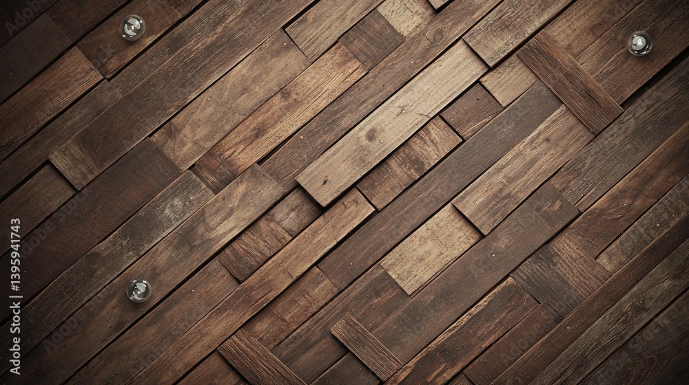 A photo of a wood floor with rivets on one edge and a tile on the other, in close detail A photo of a wood floor with rivets on one edge and a tile on the other, in close detail