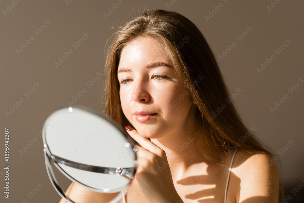 Cute woman touches her glowing skin and looks at it through a small mirror. A beautiful woman enjoys the sunlight and feels cozy. The concept of beauty, naturalness. Cute woman touches her glowing skin and looks at it through a small mirror. A beautiful woman enjoys the sunlight and feels cozy. The concept of beauty, naturalness.