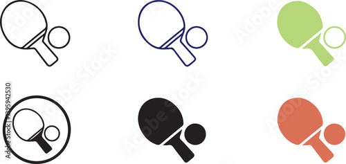  Set of Ping Pong Paddle and Ball Icons in Various Colors, Sports Equipment Symbols