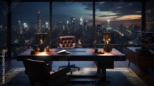 Photorealistic high end executive study table design featuring rich mahogany tabletop polished finish complemented dark leather inlay gold accent table set sophisticated office space floor ceiling