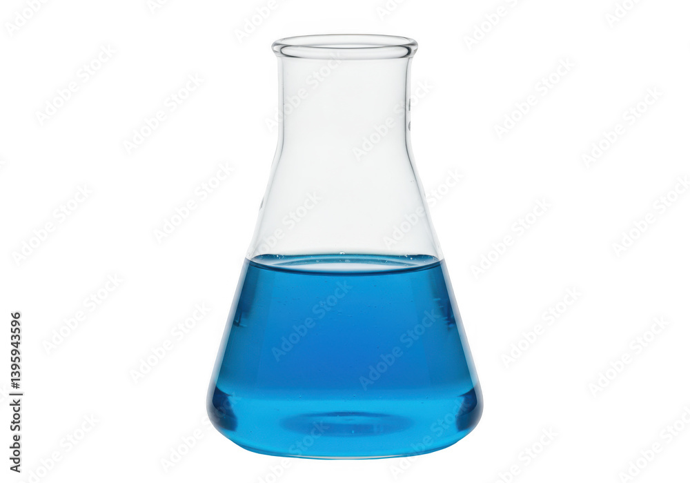 Clear flask containing a vibrant blue liquid substance Clear flask containing a vibrant blue liquid substance