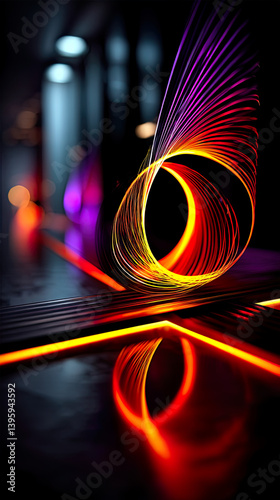 Spiraling Chromatic Vortex with Neon Light Streaks and Digital Distortion in Abstract High-Tech Motion
