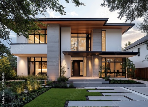 A modern two-story home with a large concrete block wall, white walls, and wooden accents