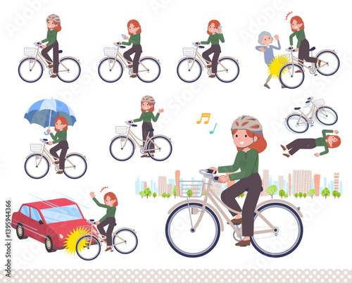 シティサイクルに乗った赤髪女性のセット