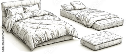 Sketch of beds in various sizes, showcasing bedding styles and tufted designs