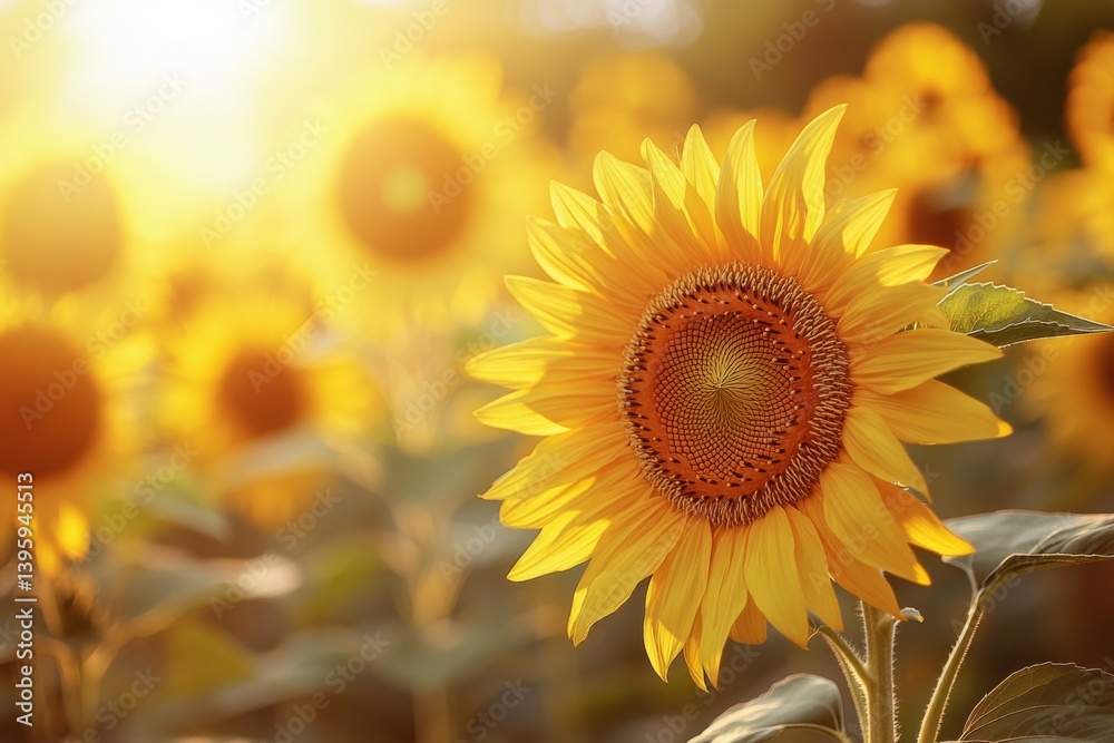 Obraz premium Sunflowers stretch towards the sun, basked in a warm golden glow, embodying the essence of summer and growth.