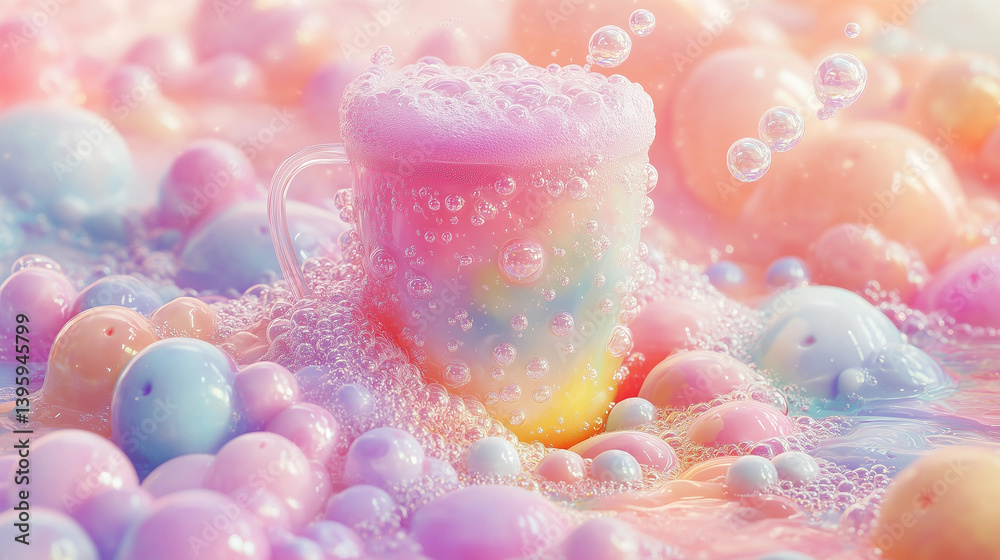 Bubble tea cup melting into a colorful pool of bubbles in a whimsical and dreamy setting Bubble tea cup melting into a colorful pool of bubbles in a whimsical and dreamy setting