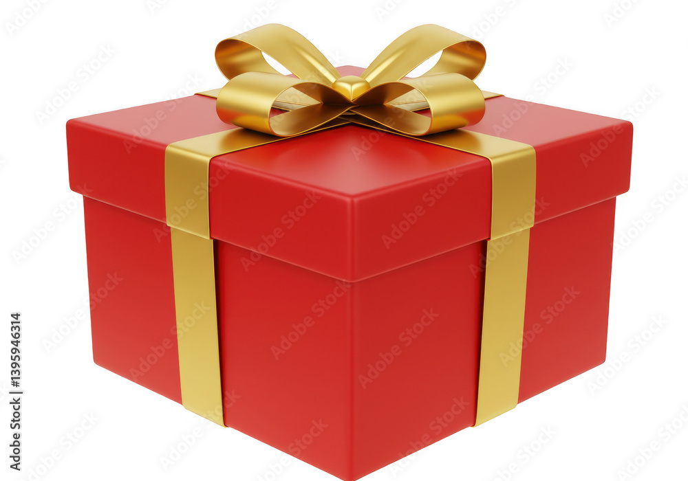 A red gift box with a golden ribbon and bow on top view A red gift box with a golden ribbon and bow on top view