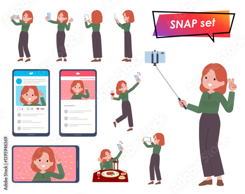 スマホで撮影する赤髪女性のセット