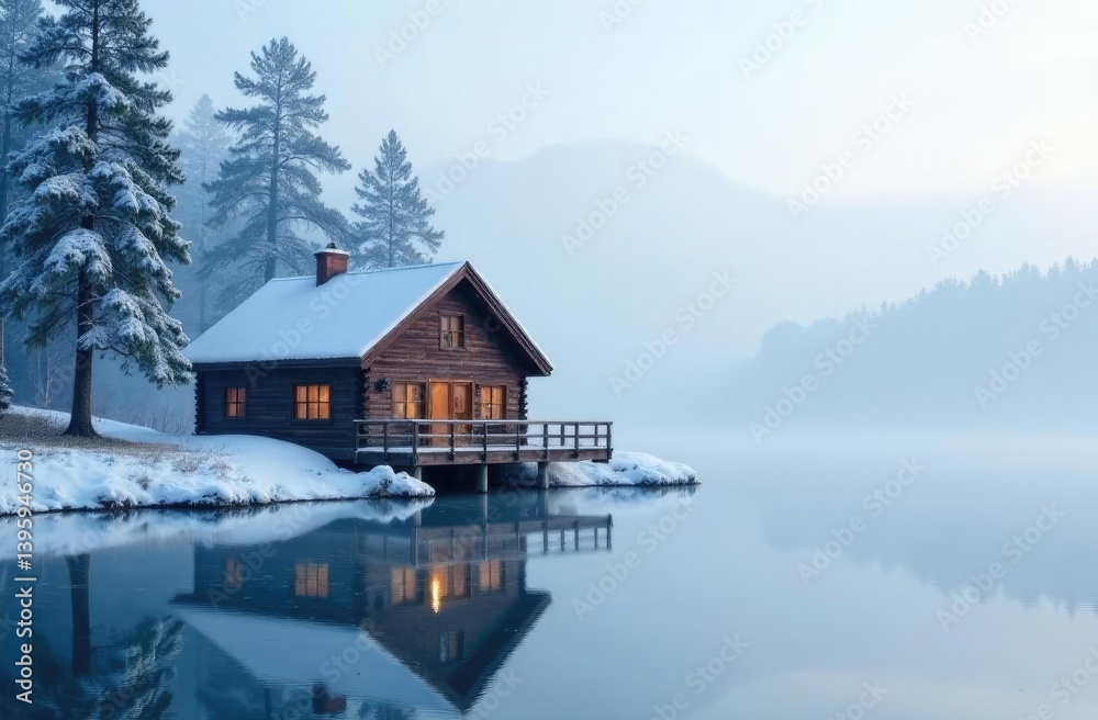 Fototapeta premium House on the river bank near the forest during winter. Winter vacation.