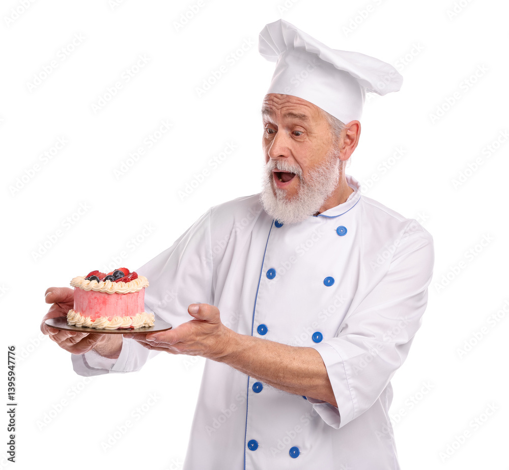 Professional pastry chef with delicious cake on white background Professional pastry chef with delicious cake on white background