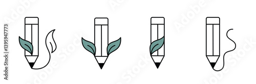 Vector icon set with pencil illustrations with eco-friendly design elements like leaves.