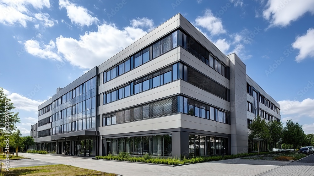 A modern multi-story office building with light gray facade, large glass windows, clear blue sky with white clouds, surrounded by paved paths and greenery. A modern multi-story office building with light gray facade, large glass windows, clear blue sky with white clouds, surrounded by paved paths and greenery.