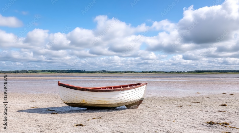 Naklejka premium Small Rowboat on Sandy Beach, Calm Sky, High-Definition Vivid Colors, Wide Angle Beach View, Natural Textures, Peaceful Solitude, Coastal Landscape, Bright Sunny Mood, Perfect for Travel Brochures