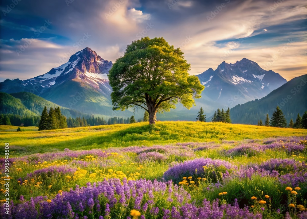 Obraz premium Lonely Green Tree in Mountain Meadow with Purple and Yellow Wildflowers - Spring Landscape Photography