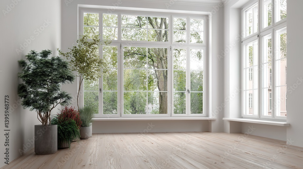 Fototapeta premium A bright and simple indoor scene with a large window. Outside the window, bare-branched trees and buildings are visible. Several potted green plants are placed on the windowsill. 
