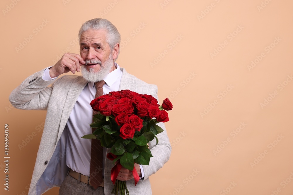 Senior man with bouquet of red roses on beige background, space for text Senior man with bouquet of red roses on beige background, space for text