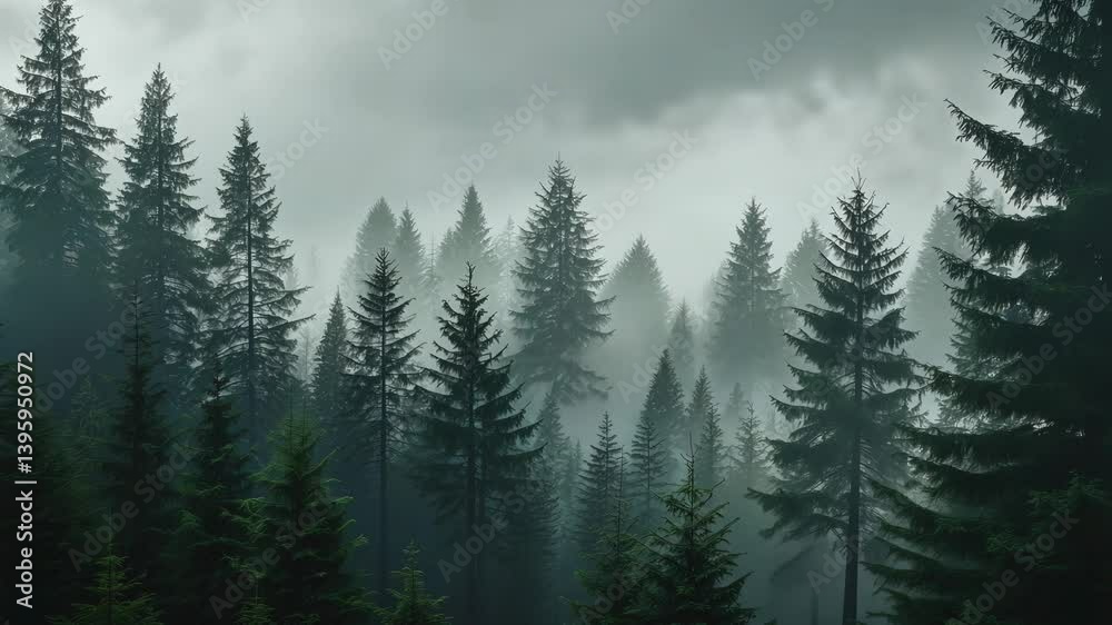 Misty landscape showcasing a fir forest in a vintage retro style. Misty landscape showcasing a fir forest in a vintage retro style.