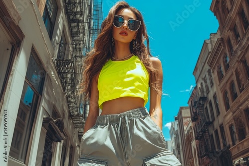 Fashionable woman in yellow top posing confidently on sunny urban street