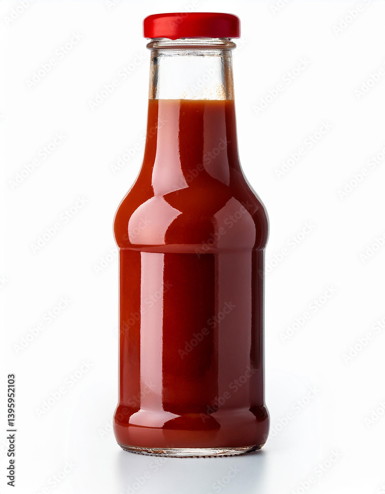 Tomato sauce in glass bottle with red cap. Bottle of tomato condiment on white surface. Red sauce for food. Simple design of sauce container. Food dressing and ingredient. Tomato sauce in glass bottle with red cap. Bottle of tomato condiment on white surface. Red sauce for food. Simple design of sauce container. Food dressing and ingredient.