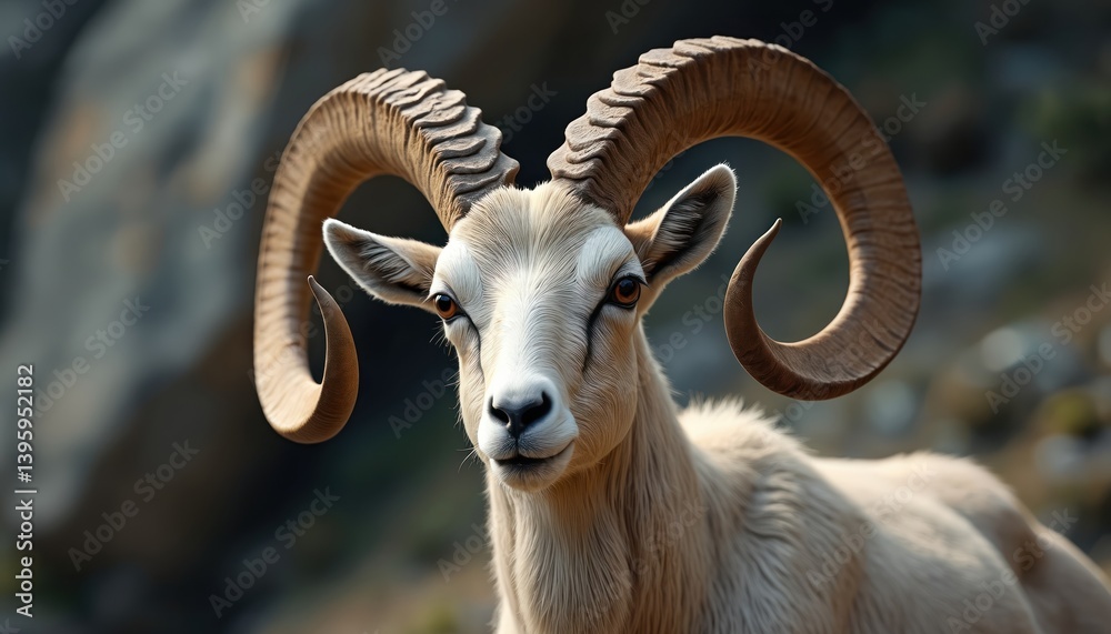 Close-up illustration of majestic animal with impressive horns in natural setting. Portrait of a ram, beautiful animal with fur and strong curved horns. Wildlife, animal kingdom, nature. Close-up illustration of majestic animal with impressive horns in natural setting. Portrait of a ram, beautiful animal with fur and strong curved horns. Wildlife, animal kingdom, nature.