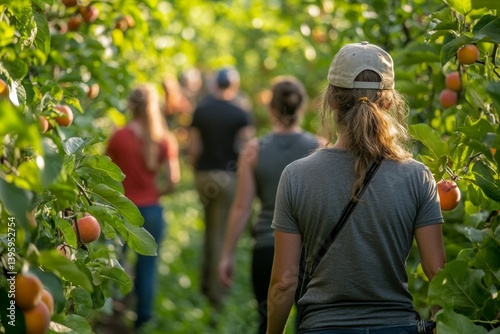 Group of people walking through an apple orchard on a sunny day