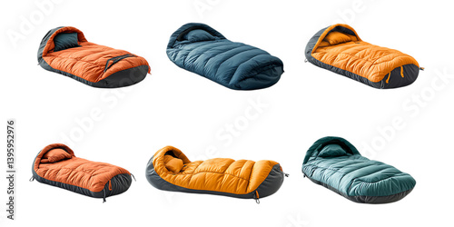 Pack Sleeping Bag Set in Different Poses Against Transparent Background for Camping, Outdoor Gear, or Travel Equipment Design