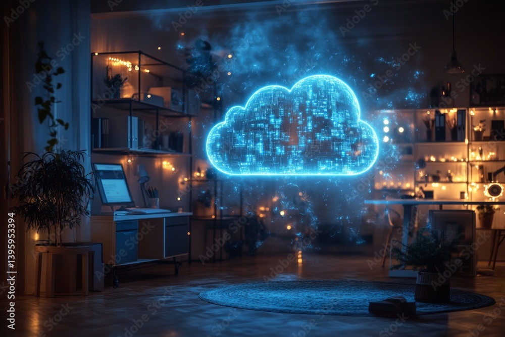 Fototapeta premium Futuristic cloud computing concept with glowing hologram in a dark room