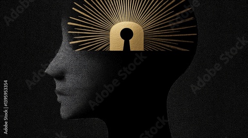 mental health awareness, silhouette unlocking minds lock with self-love, positive thoughts, and destigmatizing psychiatric help