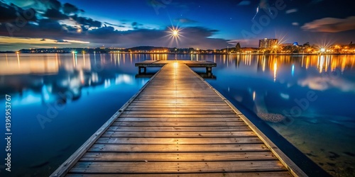Wallpaper Mural Long Exposure Dock Walk at Night, City Lights Reflections on Water Torontodigital.ca