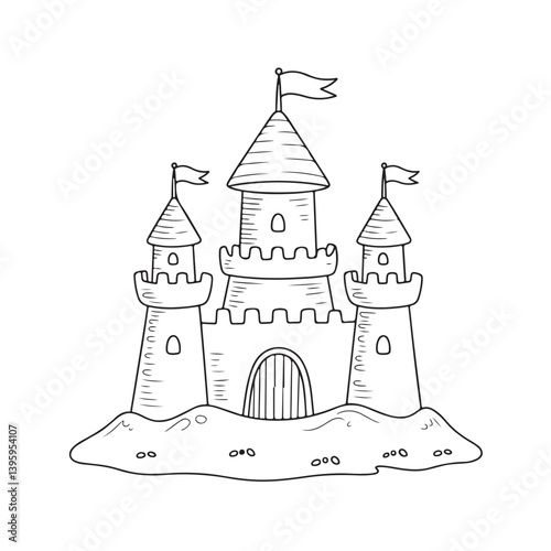 Hand Drawn Sandcastle with Flags – Outline Style Illustration of Fantasy Beach Castle for Coloring Pages, Children’s Books, and Creative Design Projects