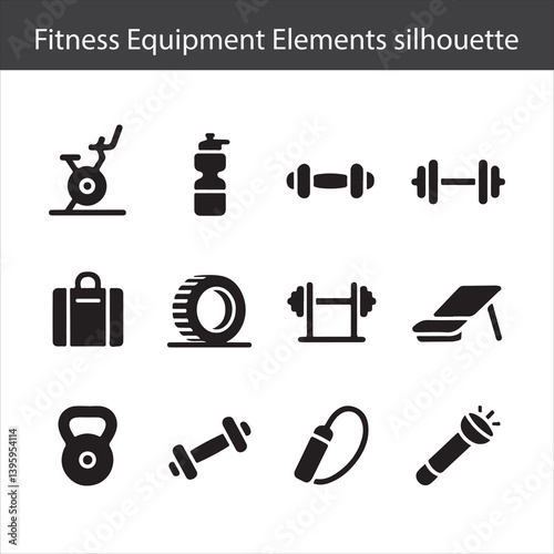 Black silhouette icons of gym equipment for workout and exercise graphics