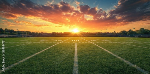 Sunset over a football field with yard lines, showcasing vibrant colors and serene atmosphere