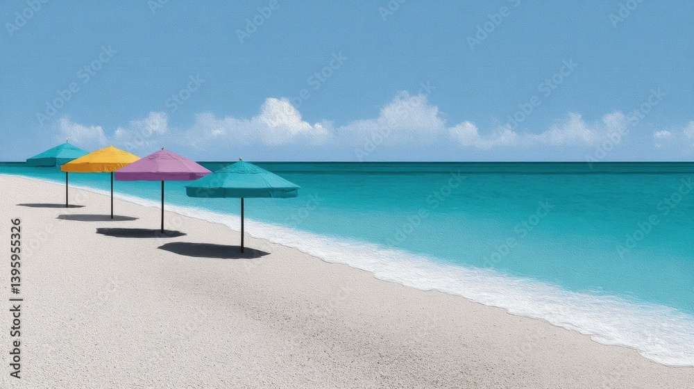 summer beach escape, a lively and picturesque summer beach setting with colorful umbrellas, white sands, and calm waves beneath a clear blue sky summer beach escape, a lively and picturesque summer beach setting with colorful umbrellas, white sands, and calm waves beneath a clear blue sky