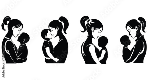 Mother and Child Silhouette Vector Set – Loving Mom Holding Baby Art Illustration