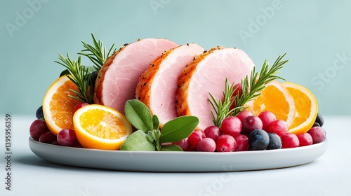 Glazed Ham with Citrus and Berries on a Gray Platter