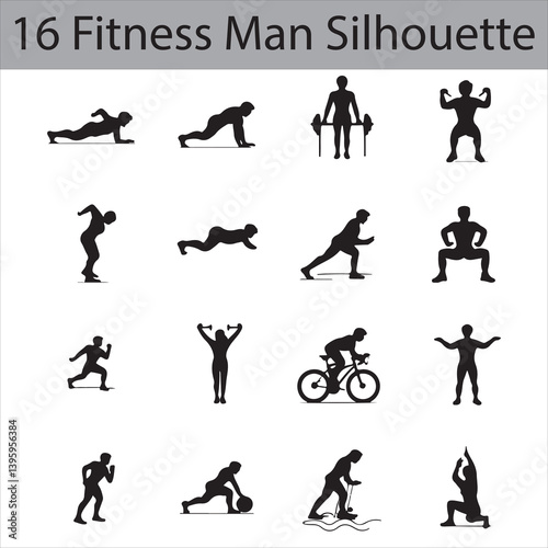 Various fitness man poses including weightlifting, cycling, and stretching