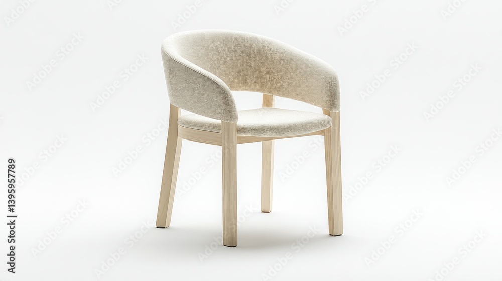 Simple, modern chair with light-colored fabric upholstery and wooden legs Simple, modern chair with light-colored fabric upholstery and wooden legs