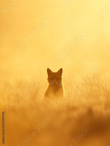 Fox illuminated by golden sunlight in a field of tall grass. The light creates a warm and inviting atmosphere.