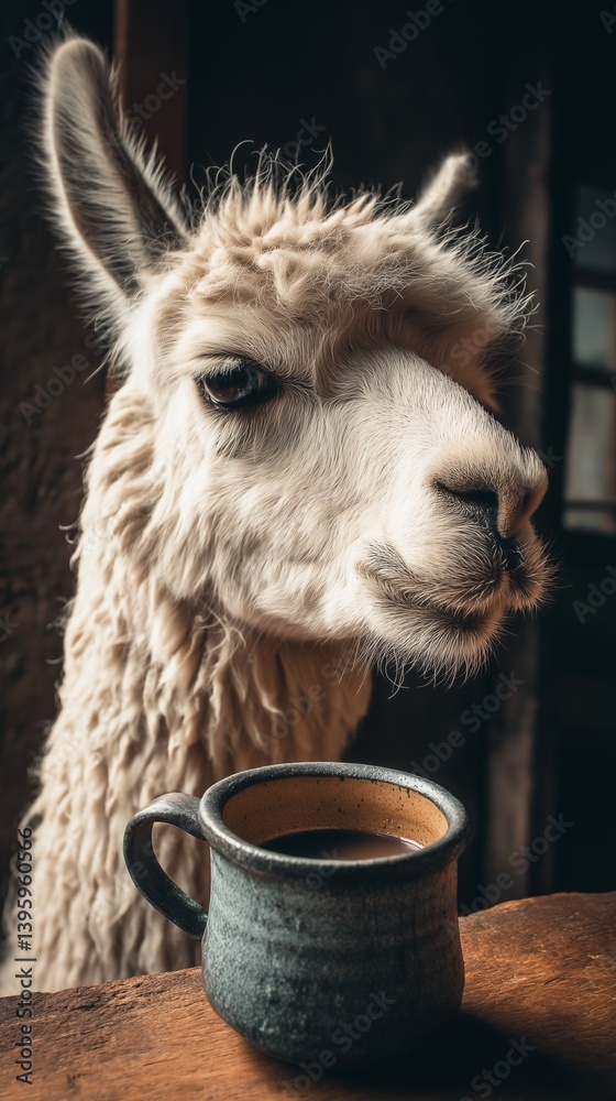 Obraz premium A curious llama closely inspects a rustic mug filled with coffee on a wooden table, creating a cozy, whimsical scene.