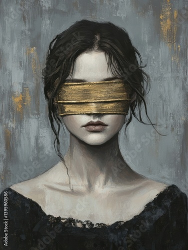A woman in a dark dress conceals her eyes with a gold blindfold