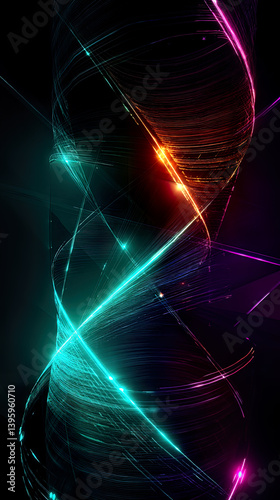 Spiraling Chromatic Vortex with Neon Light Streaks and Digital Distortion in Abstract High-Tech Motion
