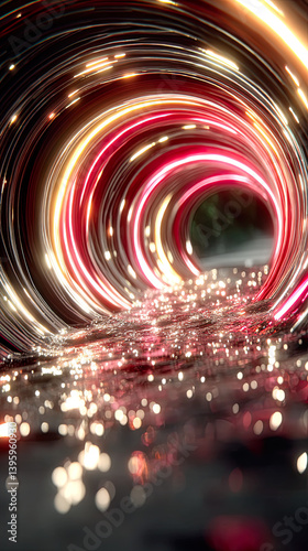 Spiraling Chromatic Vortex with Neon Light Streaks and Digital Distortion in Abstract High-Tech Motion
