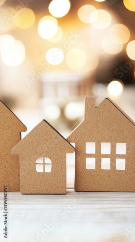Miniature cardboard houses on a light wooden surface, festive blurred background