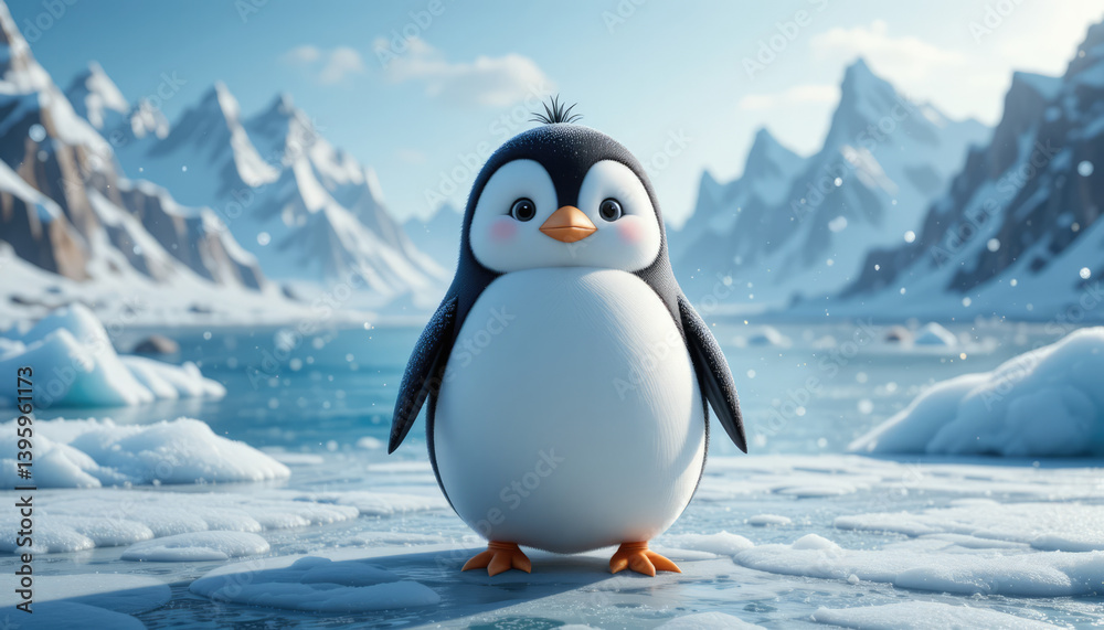 Obraz premium Cute baby penguin standing on ice in a beautiful snowy Antarctic landscape